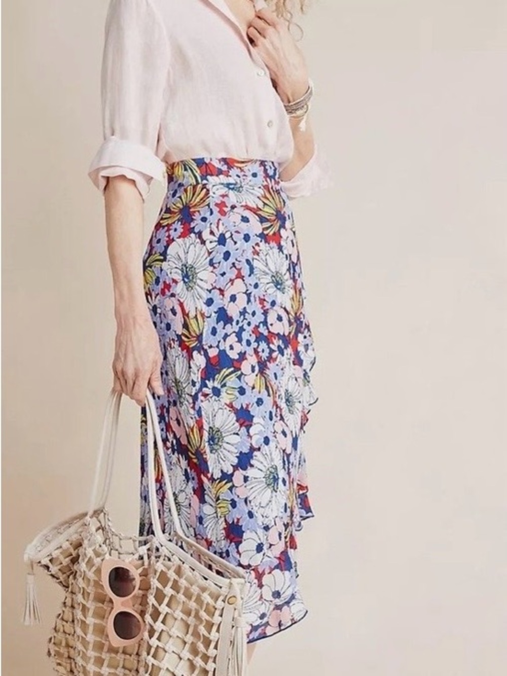 Anthropologie Blue Multi Floral Midi Skirt